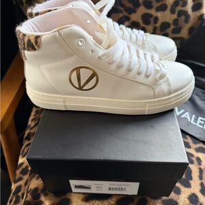 Valentino White Leather Sneakers with Leopard-Print Heel